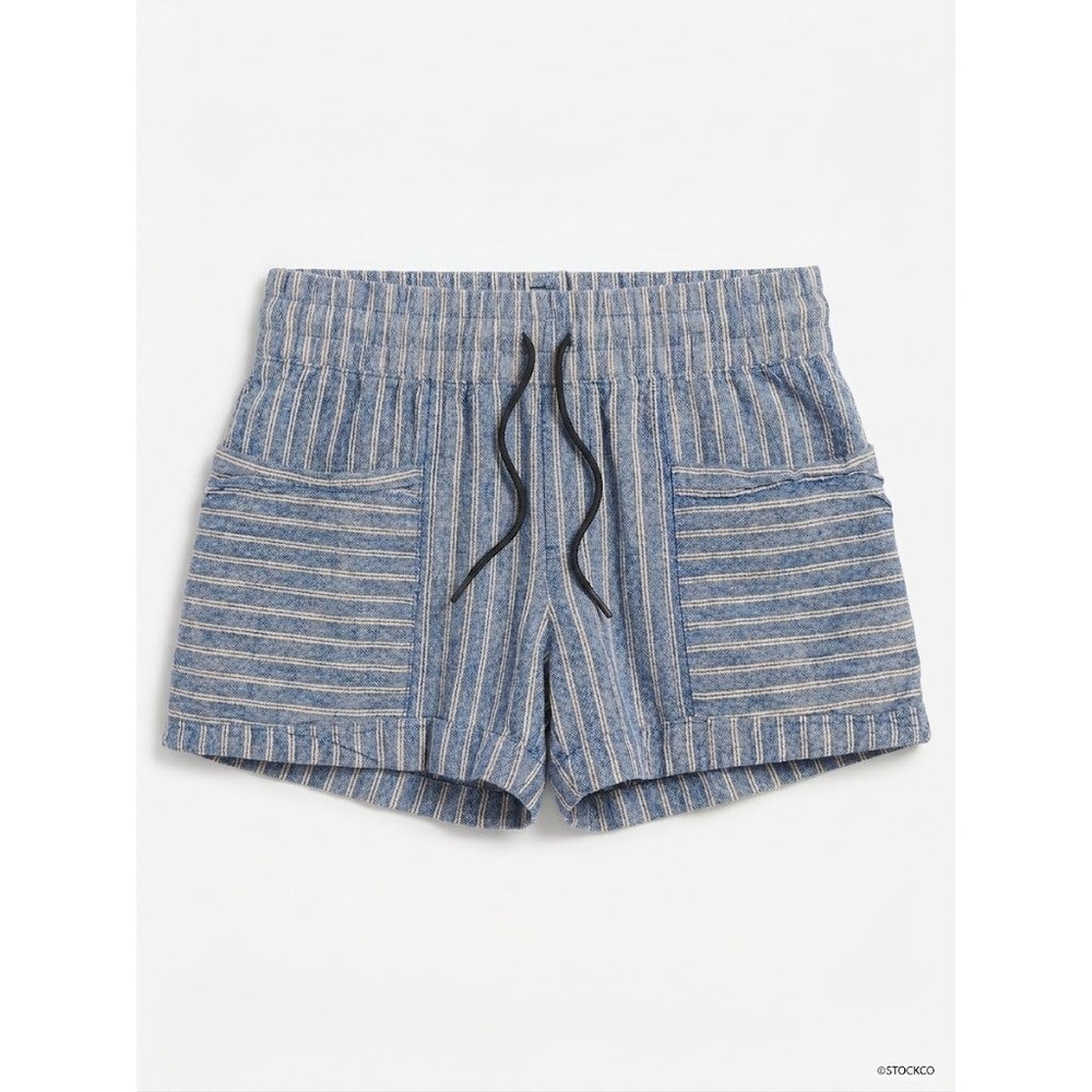 Athleta Cabo Linen Striped Shorts Womens 8 Blue High Rise Smocked Waist